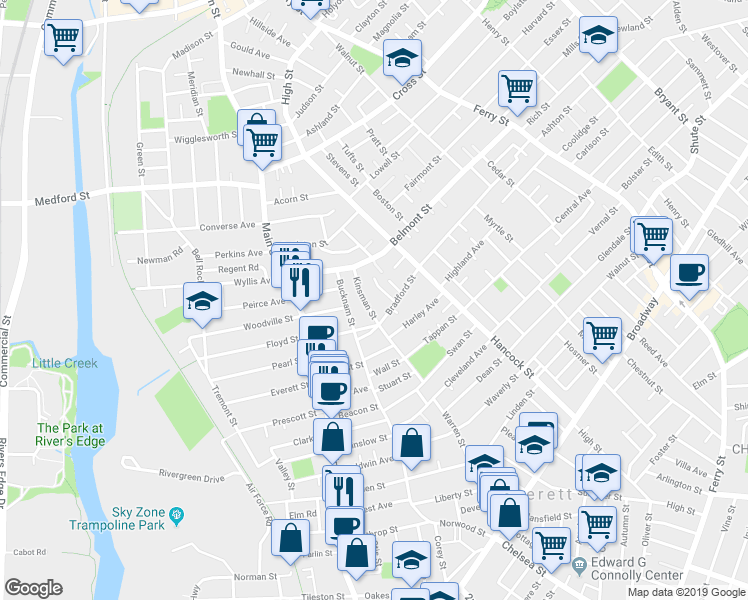 map of restaurants, bars, coffee shops, grocery stores, and more near 80 Kinsman Street in Everett