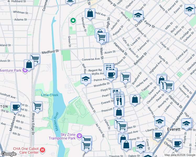 map of restaurants, bars, coffee shops, grocery stores, and more near 37 Woodville Street in Everett