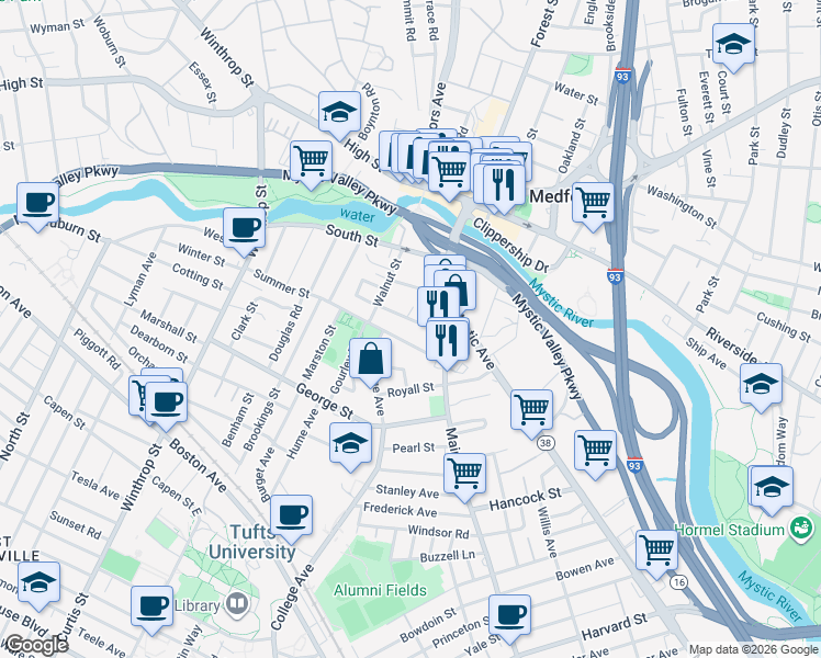 map of restaurants, bars, coffee shops, grocery stores, and more near 22 Summer Street in Medford