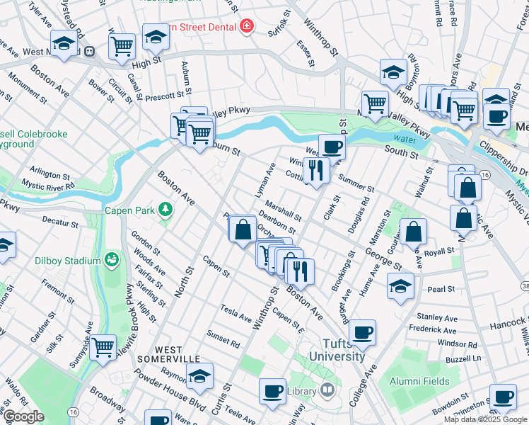 map of restaurants, bars, coffee shops, grocery stores, and more near 43 Orchard Street in Medford