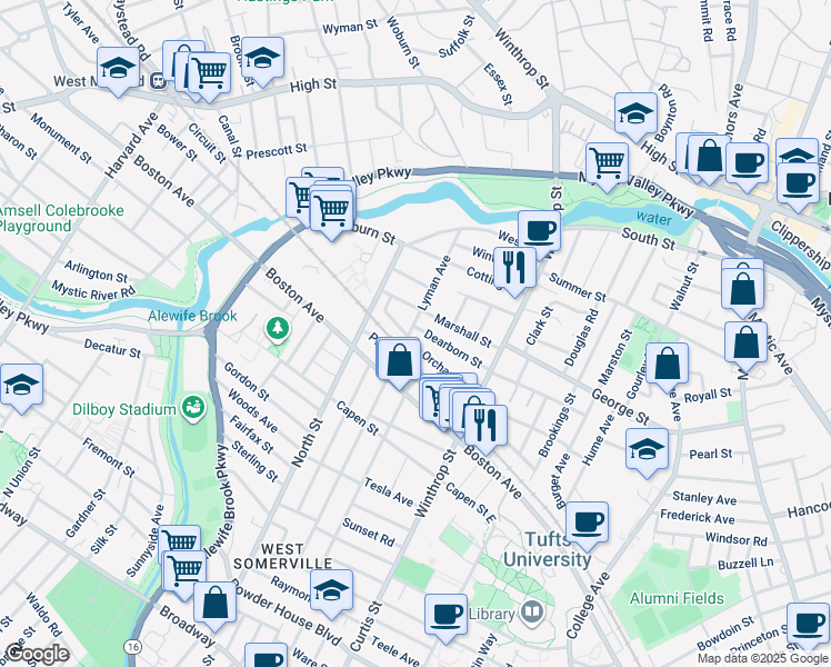 map of restaurants, bars, coffee shops, grocery stores, and more near 40 Piggott Road in Medford