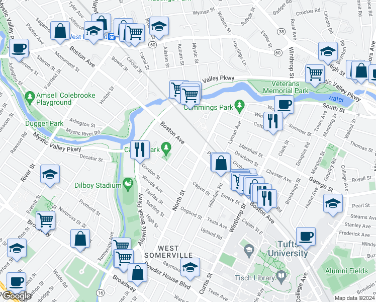 map of restaurants, bars, coffee shops, grocery stores, and more near 24 Pinkham Road in Medford