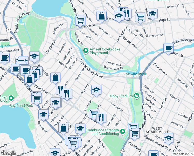 map of restaurants, bars, coffee shops, grocery stores, and more near 7 Yale Rd in Arlington