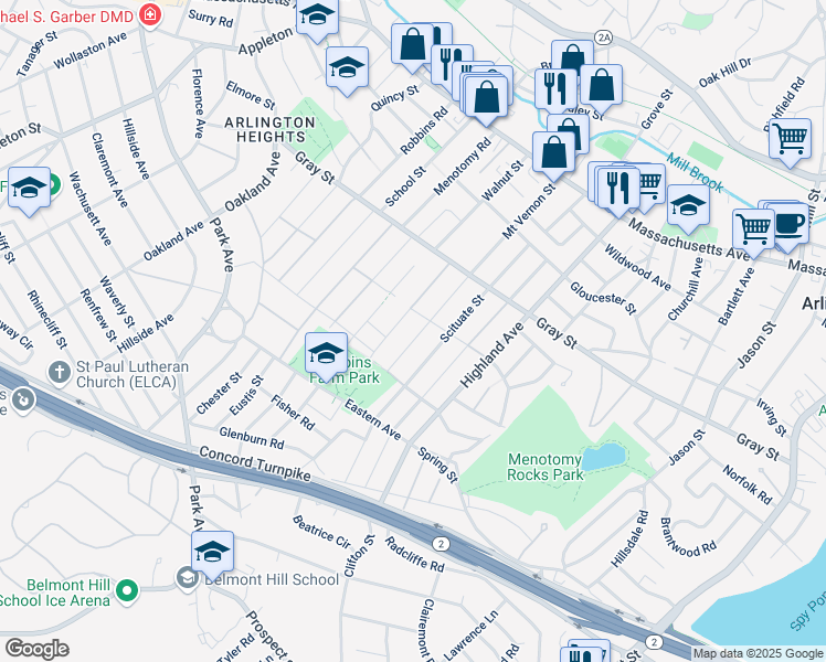 map of restaurants, bars, coffee shops, grocery stores, and more near 161 Mount Vernon Street in Arlington