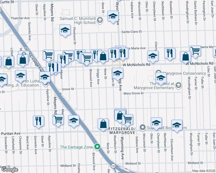 map of restaurants, bars, coffee shops, grocery stores, and more near 16631 Washburn Street in Detroit