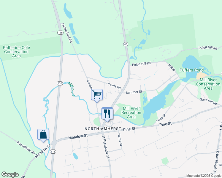 map of restaurants, bars, coffee shops, grocery stores, and more near 85 Cowls Road in Amherst