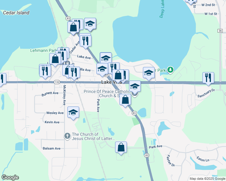map of restaurants, bars, coffee shops, grocery stores, and more near 50 South Milwaukee Avenue in Lake Villa