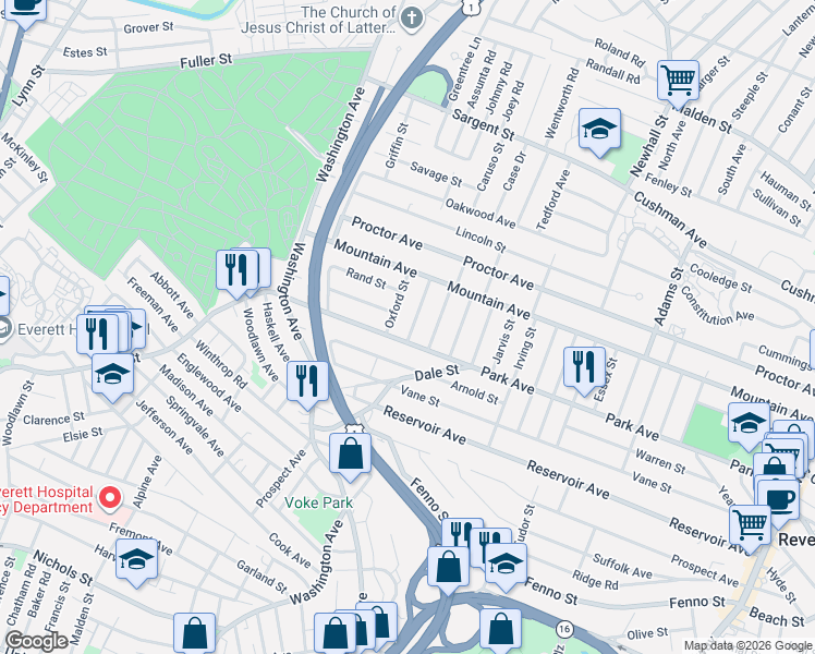 map of restaurants, bars, coffee shops, grocery stores, and more near 584 Park Avenue in Revere