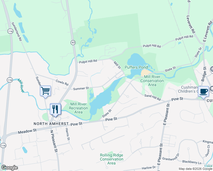 map of restaurants, bars, coffee shops, grocery stores, and more near 111 Summer Street in Amherst