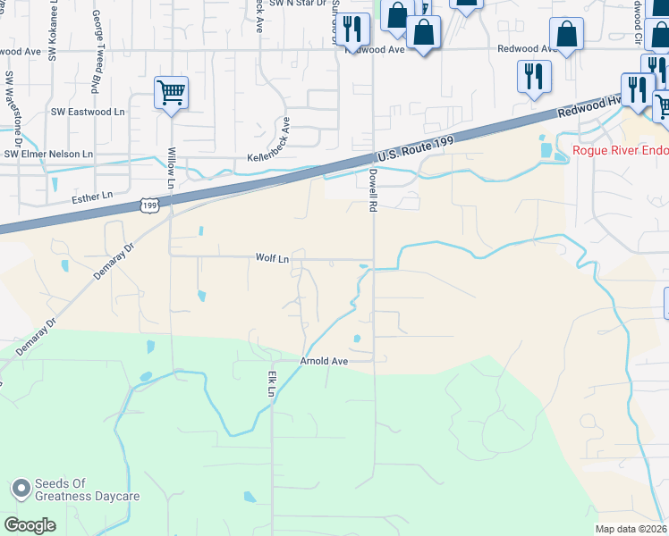 map of restaurants, bars, coffee shops, grocery stores, and more near 2036 Dowell Road in Grants Pass