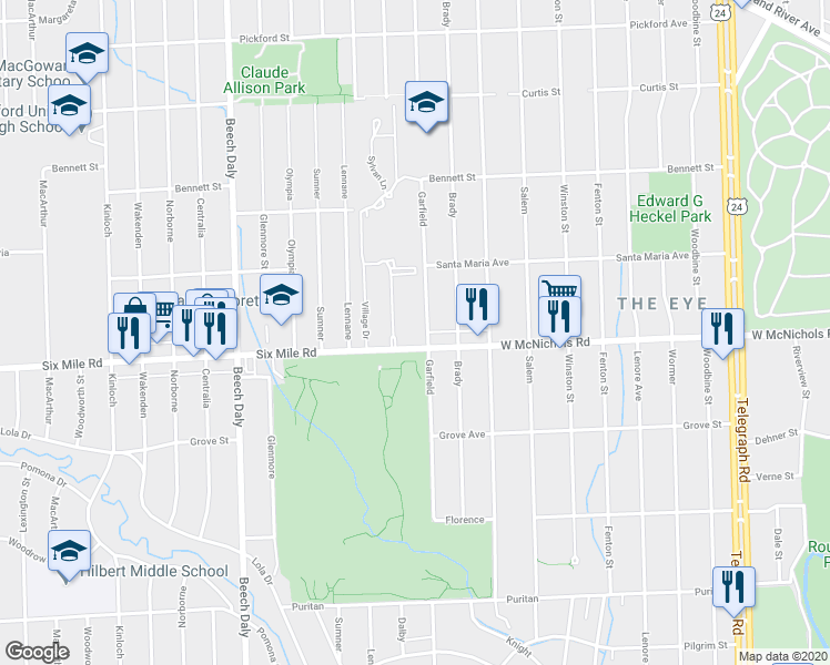map of restaurants, bars, coffee shops, grocery stores, and more near 25320 Six Mile Road in Redford Charter Township
