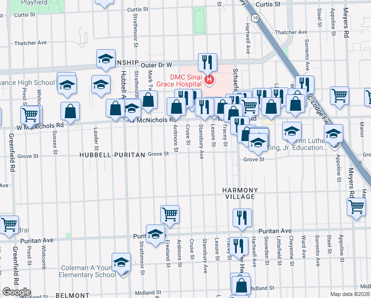 map of restaurants, bars, coffee shops, grocery stores, and more near 16811 Cruse Street in Detroit