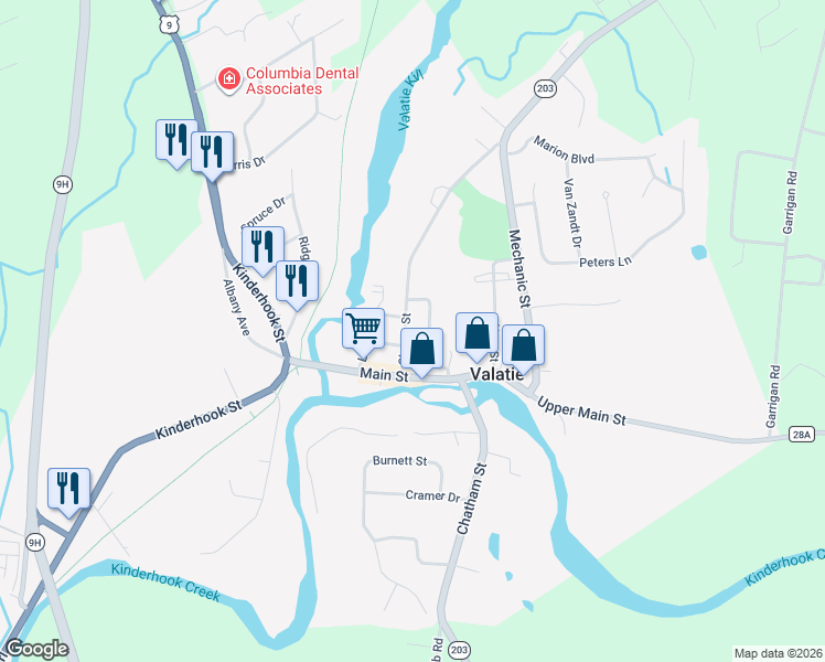 map of restaurants, bars, coffee shops, grocery stores, and more near 3203 Church Street in Valatie
