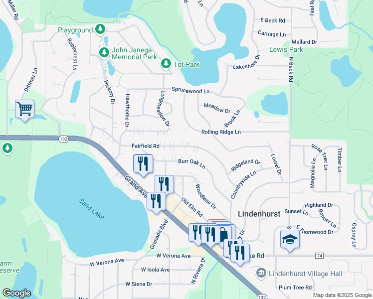 map of restaurants, bars, coffee shops, grocery stores, and more near 2012 Burr Oak Lane in Lindenhurst