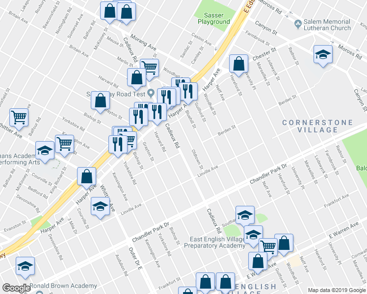 map of restaurants, bars, coffee shops, grocery stores, and more near 6116 Cadieux Road in Detroit