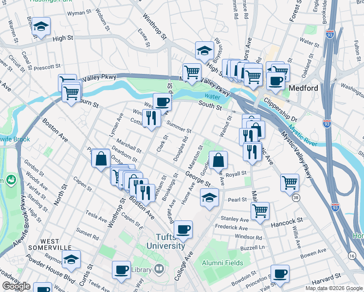 map of restaurants, bars, coffee shops, grocery stores, and more near Douglas Road in Medford