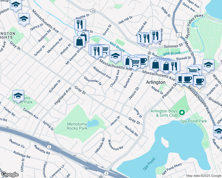 map of restaurants, bars, coffee shops, grocery stores, and more near 44 Churchill Avenue in Arlington