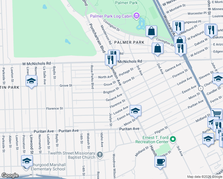 map of restaurants, bars, coffee shops, grocery stores, and more near 51 Brighton Street in Highland Park