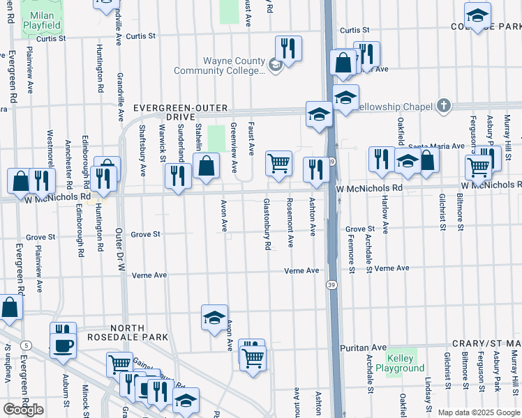 map of restaurants, bars, coffee shops, grocery stores, and more near 16869 Glastonbury Road in Detroit