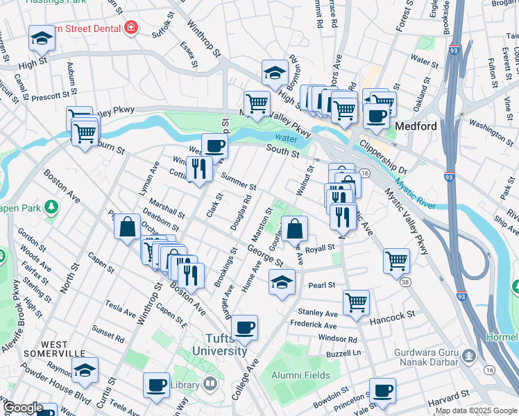 map of restaurants, bars, coffee shops, grocery stores, and more near 40 Brookings Street in Medford