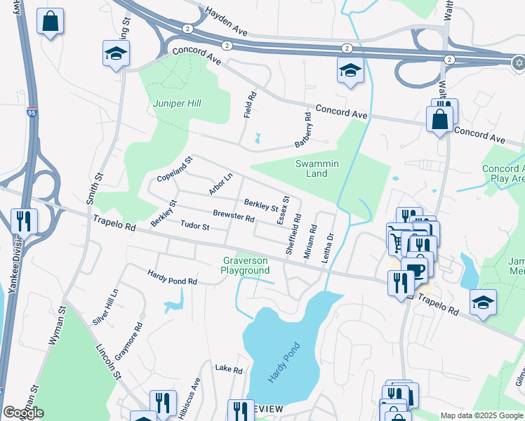 map of restaurants, bars, coffee shops, grocery stores, and more near 32 Brewster Road in Waltham