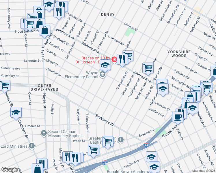 map of restaurants, bars, coffee shops, grocery stores, and more near 10343 Roxbury Street in Detroit