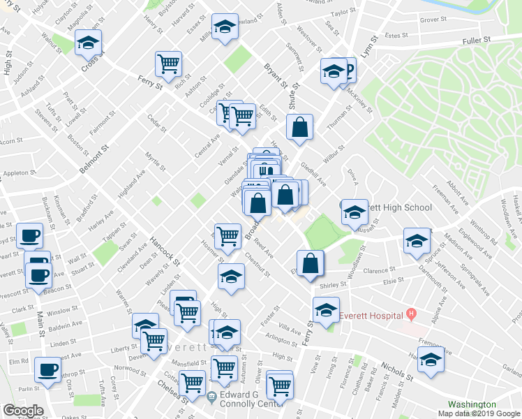 map of restaurants, bars, coffee shops, grocery stores, and more near 708 Broadway in Everett