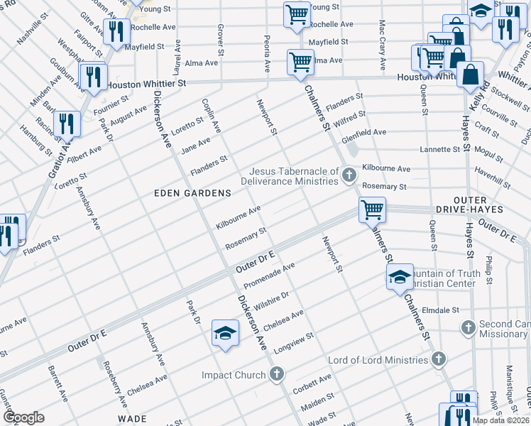 map of restaurants, bars, coffee shops, grocery stores, and more near 13300 Rosemary Street in Detroit