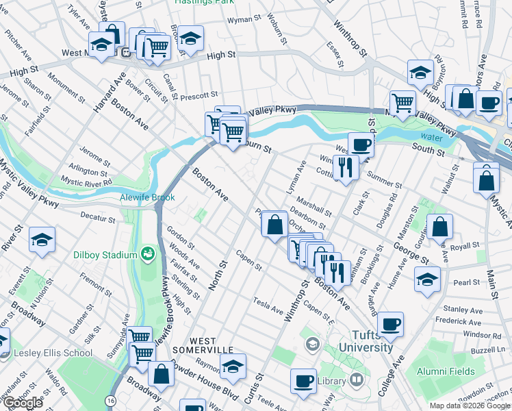 map of restaurants, bars, coffee shops, grocery stores, and more near 89 Piggott Road in Medford