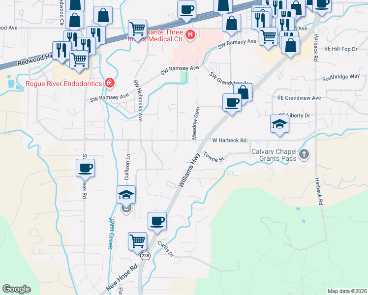 map of restaurants, bars, coffee shops, grocery stores, and more near 2120 Williams Highway in Grants Pass