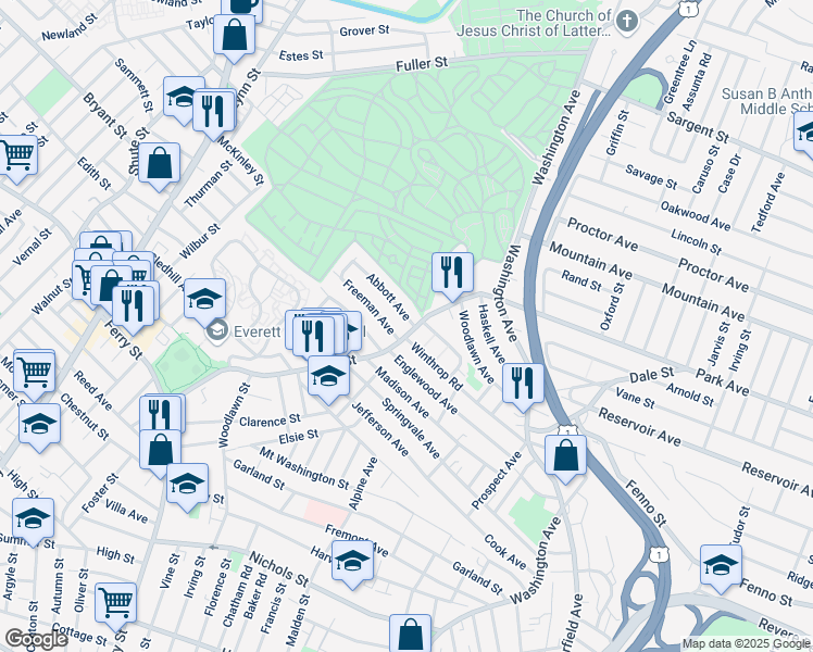 map of restaurants, bars, coffee shops, grocery stores, and more near 22 Winthrop Road in Chelsea