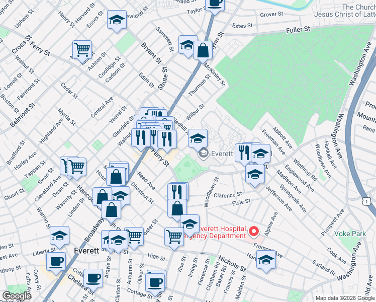 map of restaurants, bars, coffee shops, grocery stores, and more near 100 Elm Street in Everett