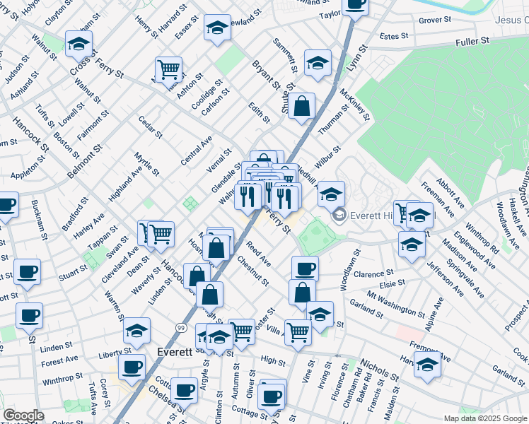 map of restaurants, bars, coffee shops, grocery stores, and more near 1 Nielson Avenue in Everett