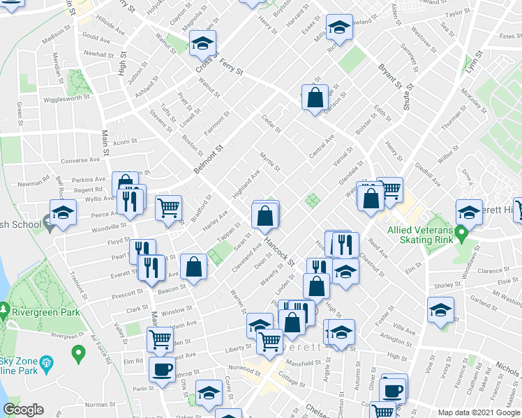 map of restaurants, bars, coffee shops, grocery stores, and more near 130 Hancock Street in Everett