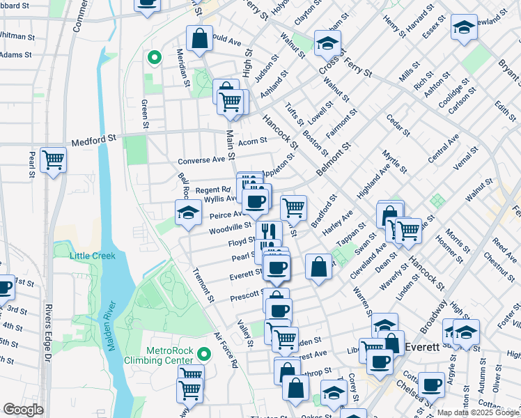 map of restaurants, bars, coffee shops, grocery stores, and more near 366 Main Street in Everett