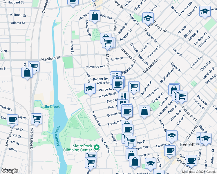 map of restaurants, bars, coffee shops, grocery stores, and more near 37 Woodville Street in Everett