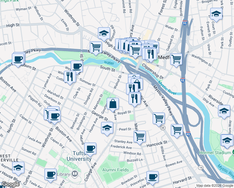 map of restaurants, bars, coffee shops, grocery stores, and more near 13 College Avenue in Medford