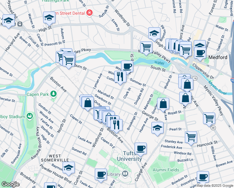 map of restaurants, bars, coffee shops, grocery stores, and more near 174 George Street in Medford