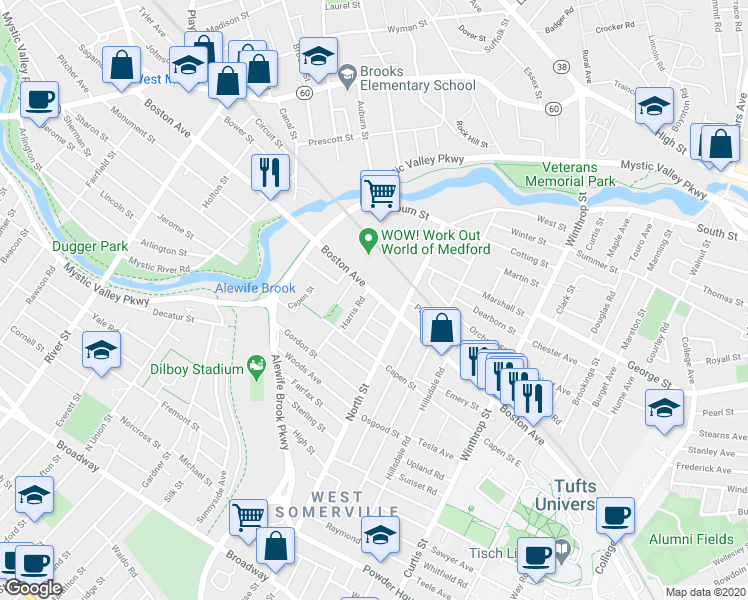 map of restaurants, bars, coffee shops, grocery stores, and more near 24 Pinkham Road in Medford