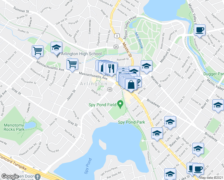map of restaurants, bars, coffee shops, grocery stores, and more near 60 Pleasant Street in Arlington