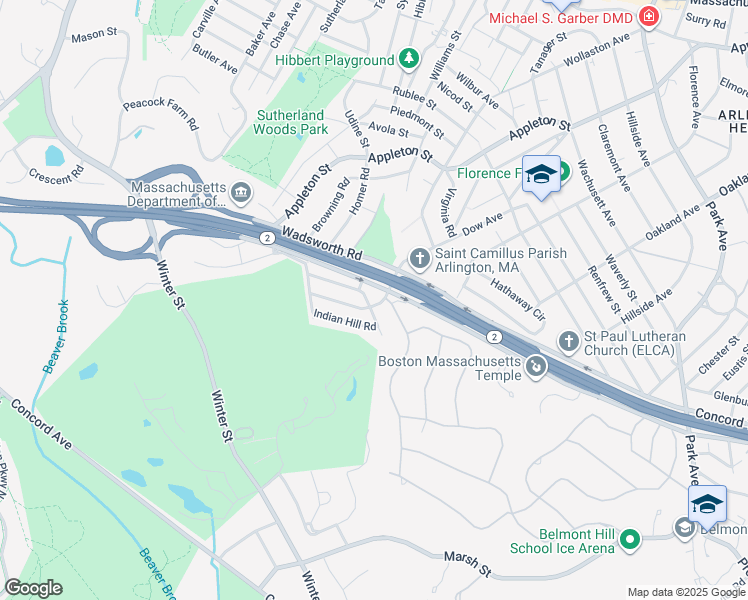 map of restaurants, bars, coffee shops, grocery stores, and more near 128 Stony Brook Road in Belmont