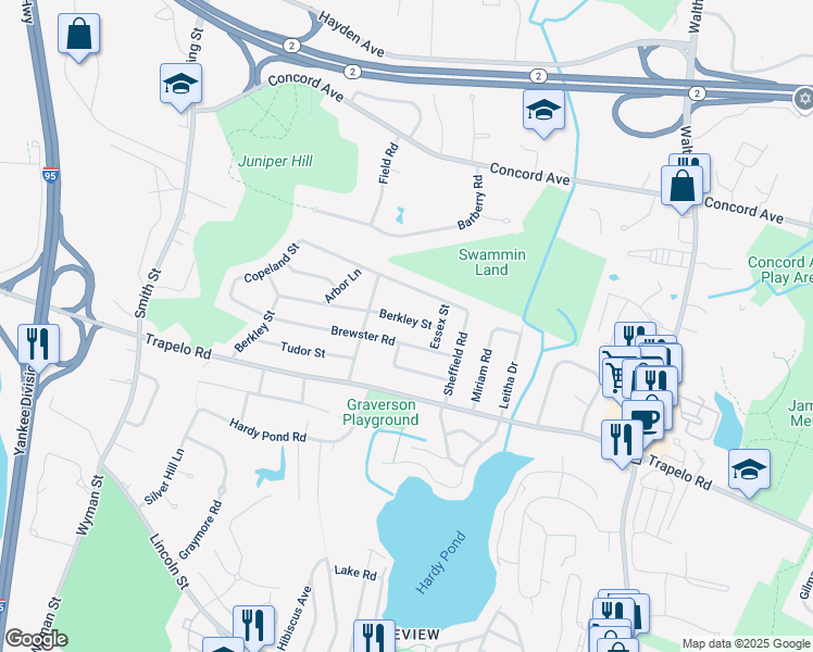 map of restaurants, bars, coffee shops, grocery stores, and more near 32 Brewster Road in Waltham