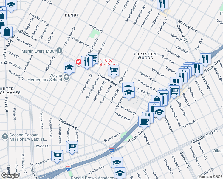 map of restaurants, bars, coffee shops, grocery stores, and more near 10118 Somerset Avenue in Detroit