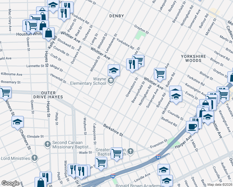 map of restaurants, bars, coffee shops, grocery stores, and more near 10343 Roxbury Street in Detroit