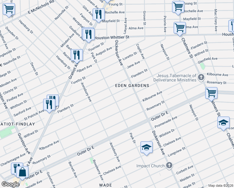 map of restaurants, bars, coffee shops, grocery stores, and more near 12730 Glenfield Avenue in Detroit