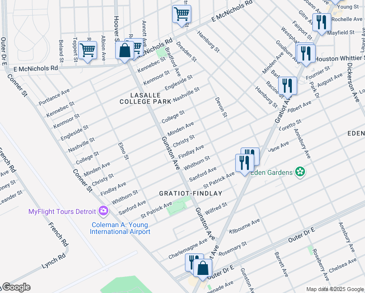 map of restaurants, bars, coffee shops, grocery stores, and more near 11752 Findlay Avenue in Detroit