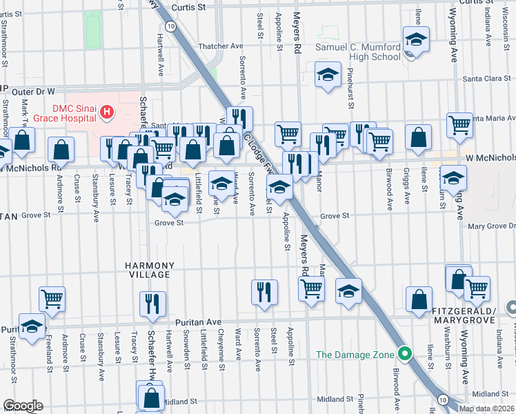 map of restaurants, bars, coffee shops, grocery stores, and more near 16651 Sorrento Avenue in Detroit