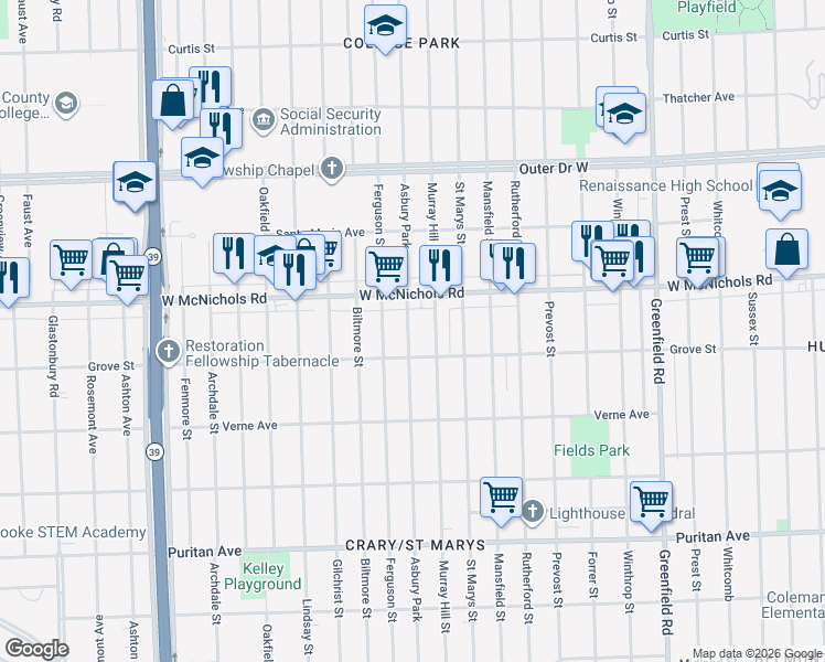 map of restaurants, bars, coffee shops, grocery stores, and more near 16802 Ferguson Street in Detroit