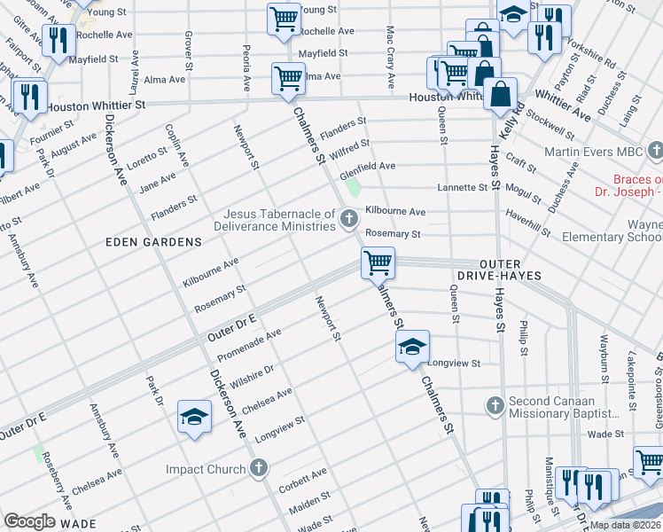 map of restaurants, bars, coffee shops, grocery stores, and more near 9376 Outer Drive East in Detroit