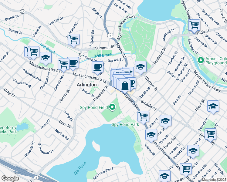 map of restaurants, bars, coffee shops, grocery stores, and more near 594 Massachusetts Avenue in Arlington